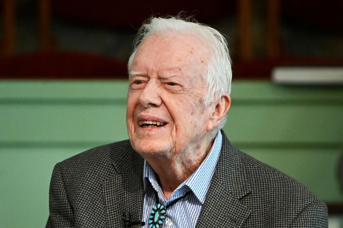 FILE - In this Nov. 3, 2019, file photo, former President Jimmy Carter teaches Sunday school at Maranatha Baptist Church in Plains, Ga. Carter, the oldest former U.S. chief executive ever, will quietly mark his 97th birthday at home in southwest Georgia on Friday, Oct. 1, 2021, an aide said. (AP Photo/John Amis, File) (AP Photo/John Amis)