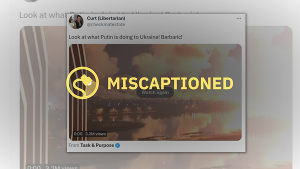 A Tweet said, ""Look at what Putin is doing to Ukraine! Barbaric!" The word "Miscaptioned" is over the image.
