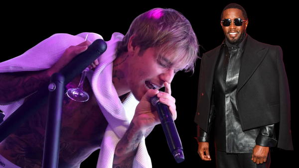 Photos of a white man singing into a microphone and a Black man wearing a black outfit are positioned next to each other in a compilation image.